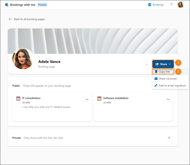 Copying a link to a booking page.