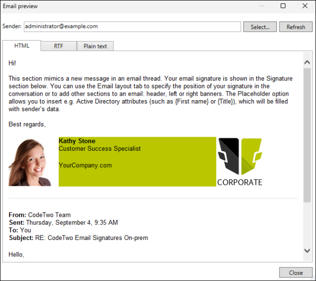 Preview of the signature with a user photo.