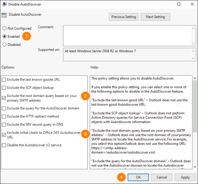 Reconfiguring the Autodiscover settings in the Group Policy Editor.