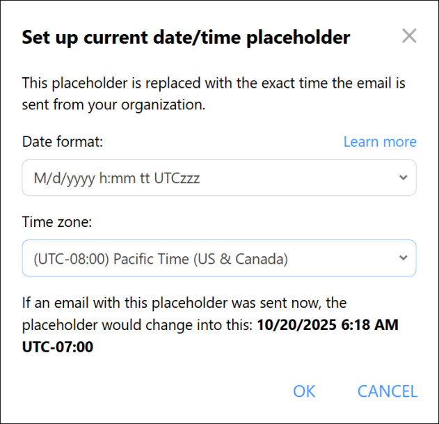 The Current date/time placeholder configuration.