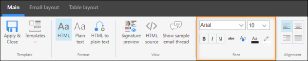 The font formatting options in the signature template editor.