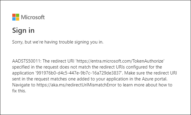 The redirect URI error shown in Microsoft Entra.