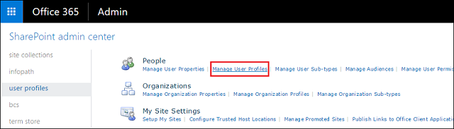 SharePoint admin center - Manage User Profiles