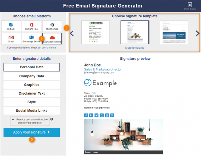 Choosing the email signature platform and template in email signature generator.