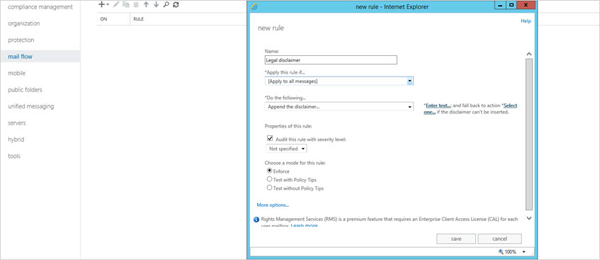 'new rule' dialog in Exchange 2016, 2013, Online