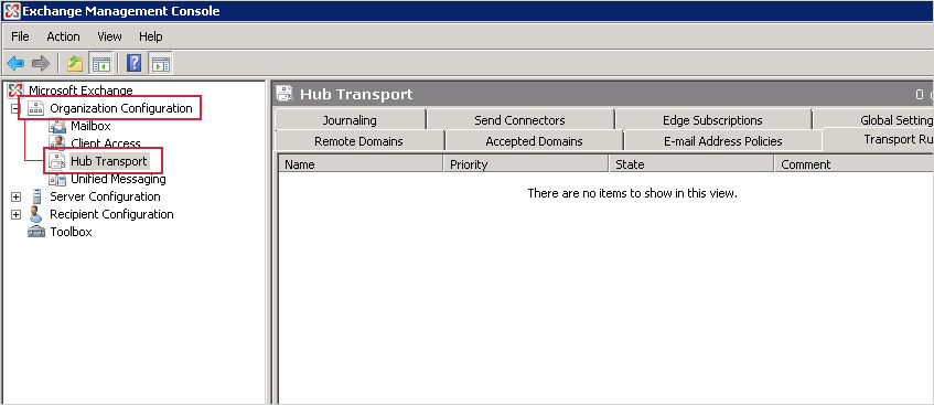 In Exchange Management Console, expand Organization Configuration and click Hub Transport