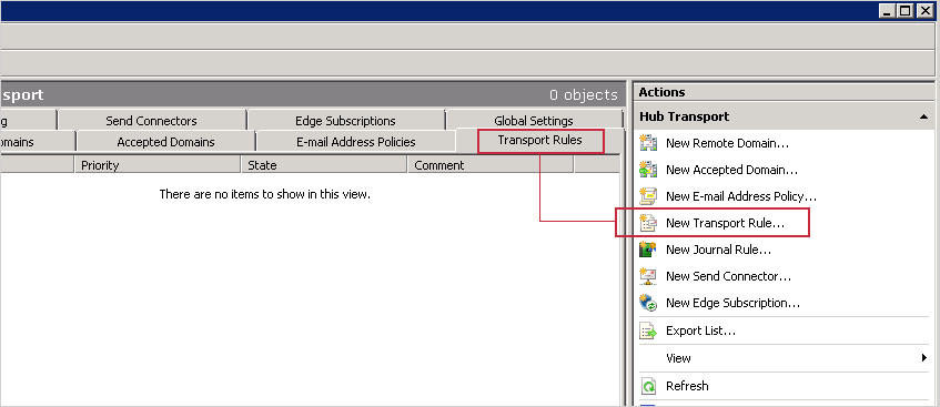 In the middle section click the Transport Rules tab and in the Actions pane on the right, click New Transport Rule...