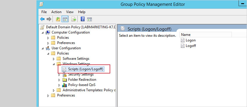 Expand User Configuration, Policies, Windows Settings and click Scripts (Logon/Logoff)