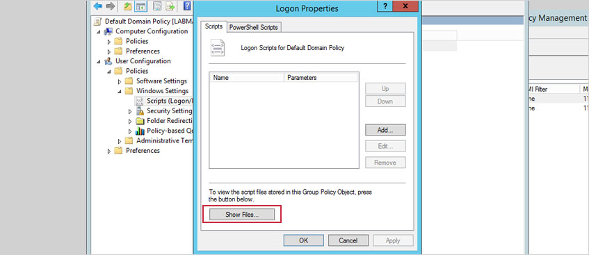 In the pane on the right, double-click the Logon entry. In the resulting Logon Properties window, click Show Files..., add your script to the Logon folder and click OK