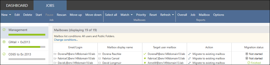The main window of the Jobs tab