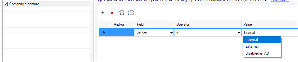 Setting up rule's conditions in CodeTwo Exchange Rules Pro