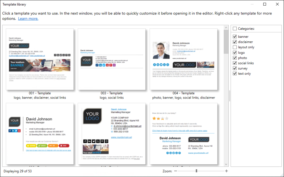 Signature template library