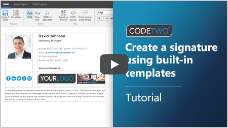 <span style="font-family: segoe ui,Frutiger,frutiger linotype,Dejavu Sans,helvetica neue,Arial,sans-serif">CodeTwo tutorial: Create an email signature in 2 minutes using built-in templates</span>