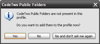 A dialog box asking you whether you want to add public folders to a non-default profile A dialog box asking you whether you want to add public folders to a non-default profile