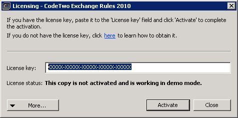Licensing dialog box including a template of the License Key.