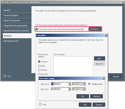 The Scheduler editor with the Add button of Custom Recurrence pattern expanded. TThe Scheduler editor with the Add button of Custom Recurrence pattern expanded.
