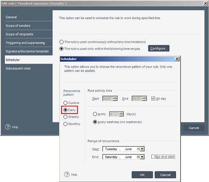 The Scheduler editor with the Add button of Daily Recurrence pattern expanded. TThe Scheduler editor with the Add button of Daily Recurrence pattern expanded.