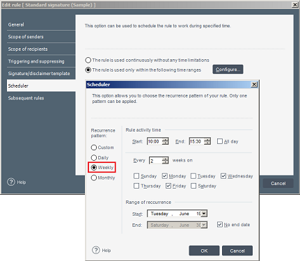 The Scheduler editor with the Add button of Weekly Recurrence pattern expanded. TThe Scheduler editor with the Add button of Weekly Recurrence pattern expanded.