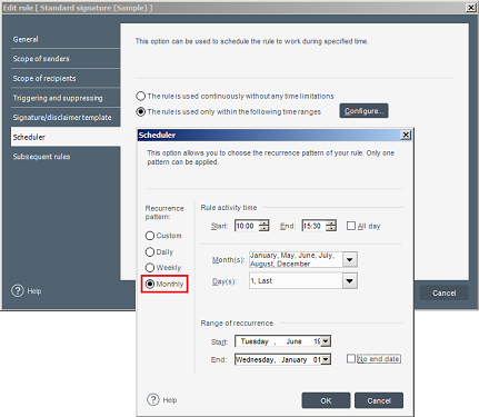 The Scheduler editor with the Add button of Monthly Recurrence pattern expanded. TThe Scheduler editor with the Add button of Monthly Recurrence pattern expanded.