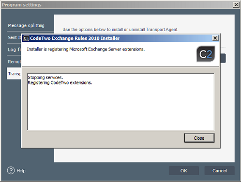 Installation/uninstallation of Transport Agent in progress. Installation/uninstallation of Transport Agent in progress.