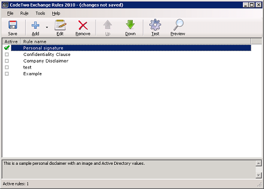 Main screen of CodeTwo Exchange Rules 2010 containing a list of defined rules. Main screen of CodeTwo Exchange Rules 2010 containing a list of defined rules.