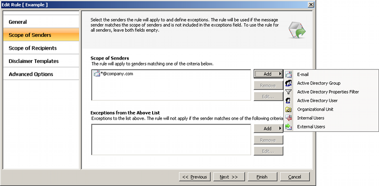 Scope of senders form with the Add button menu expanded. Scope of senders form with the Add button menu expanded.