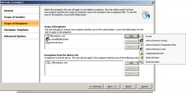 Scope of recipients form with the Add button menu expanded. Scope of recipients form with the Add button menu expanded.