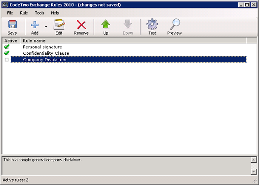 The main screen of CodeTwo Exchange Rules 2010.