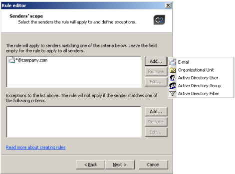 Scope of senders dialog box