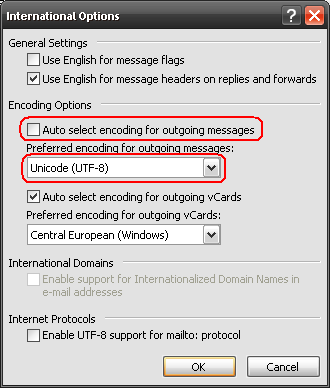 Correct configuration of encoding choice in Microsoft Outlook