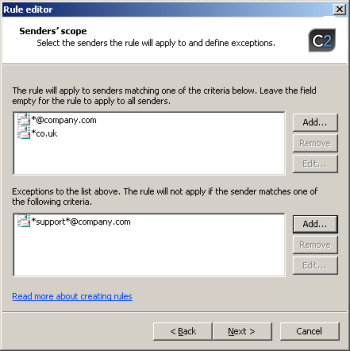Specified senders in the senders� scope of a rule.