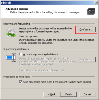 Configuring replying and forwarding in Advanced options.