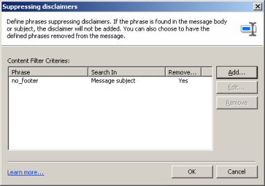 Specifying phrases suppressing disclaimers.