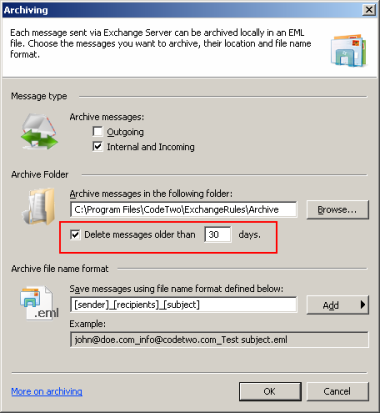 Specifying the number of days the messages are kept in archives.