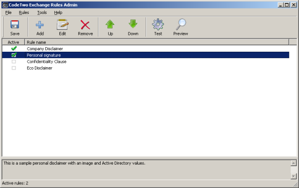 CodeTwo Exchange Rules 2003 main screen.