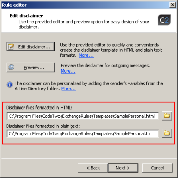 Edit rule dialog box and file paths for HTML and plain text disclaimer templates.