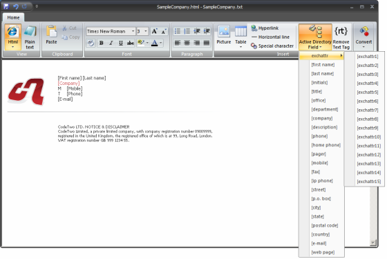 The signature editor screen while editing HTML footer with the expanded Active Directory field menu.