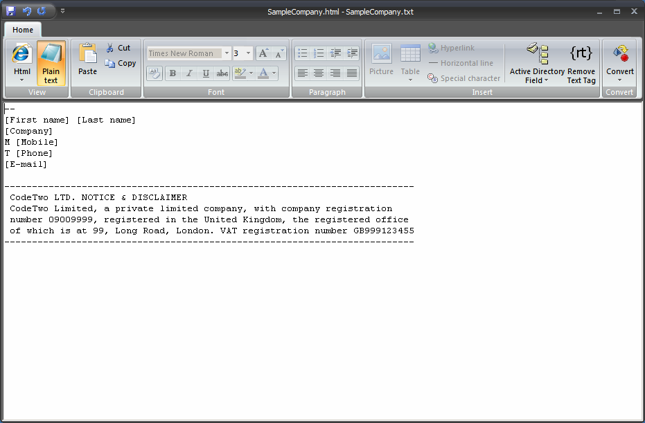 Signature editor’s screen while editing plain text footer.