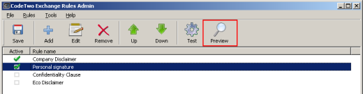 Preview button in the CodeTwo Exchange Rules 2003 toolbar.