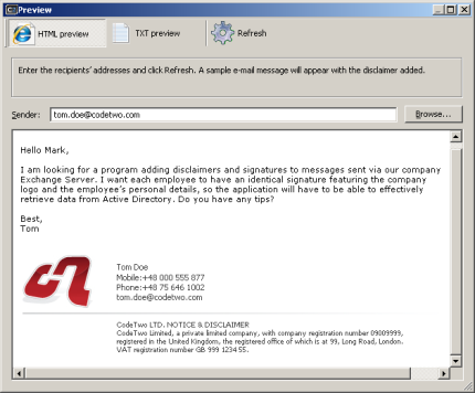 Previewing a message including a personalized disclaimer in HTML format.