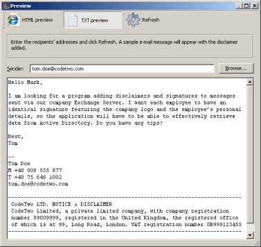 Previewing a message including a personalized disclaimer in plain text format.