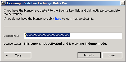 Licensing dialog box including a template of the License Key.