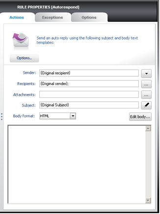Properties pane for Auto respond. Properties pane for Auto respond.