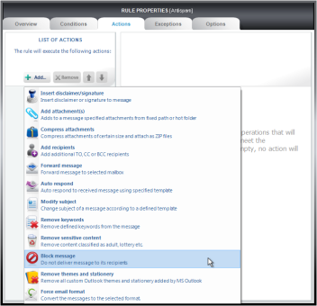 Add Block message in the Actions tab..