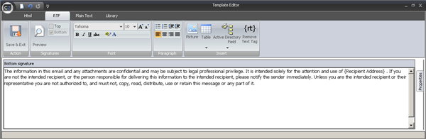 The RTF tab and the compose legal note.