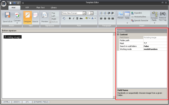 Properties pane for selected placeholder. Properties pane for selected placeholder.