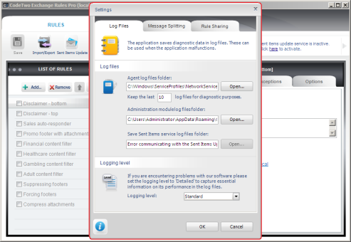 Log files dialog box.