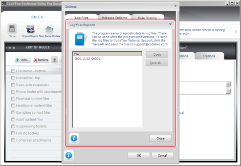 Log files dialog box.