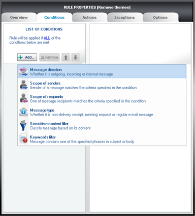 Choosing Message direction on the Exceptions tab