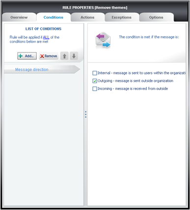 The default exception is set to Outgoing message.